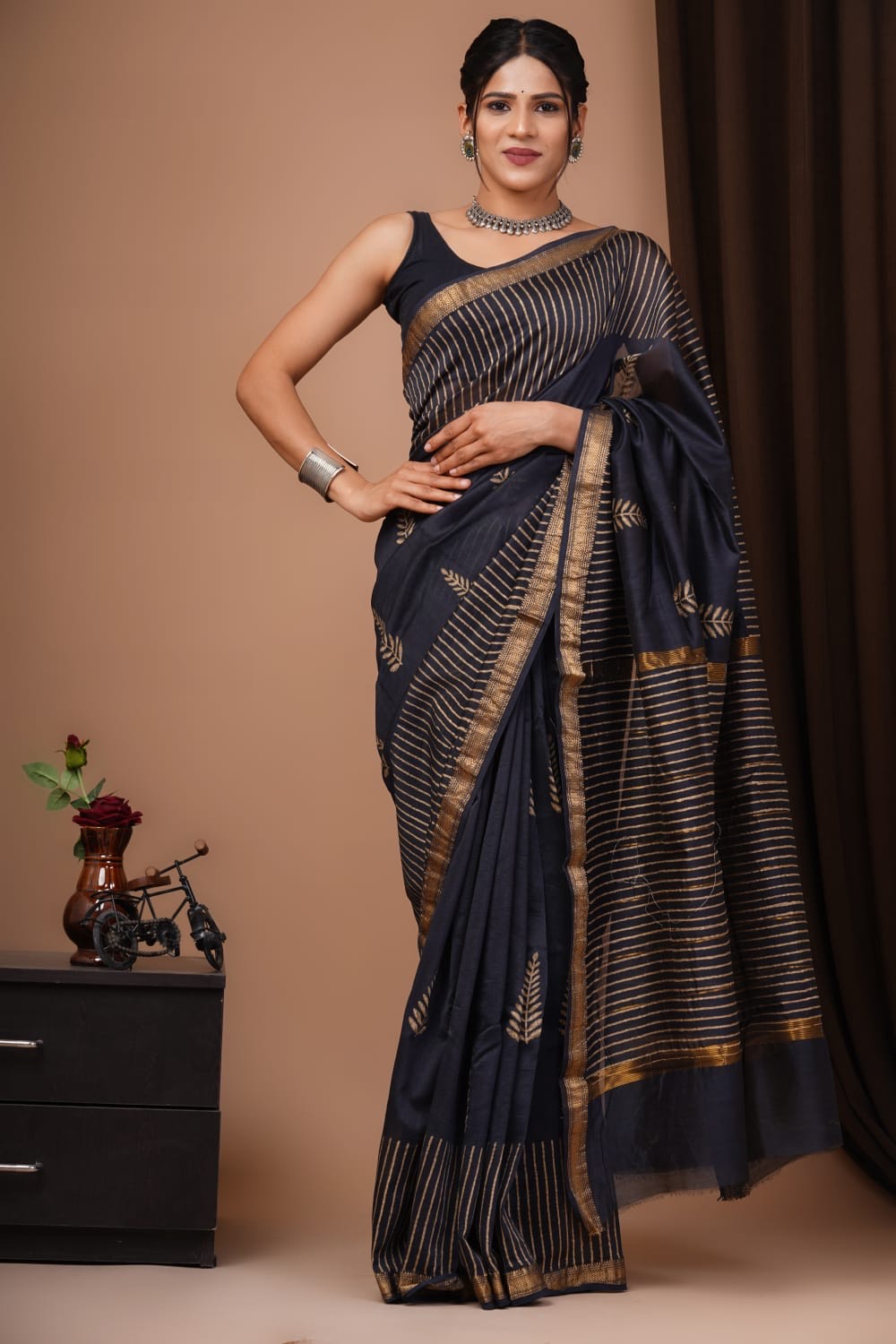 Buy MySilkLove Baltic Sea Black Handblock Kota Doriya Saree Online