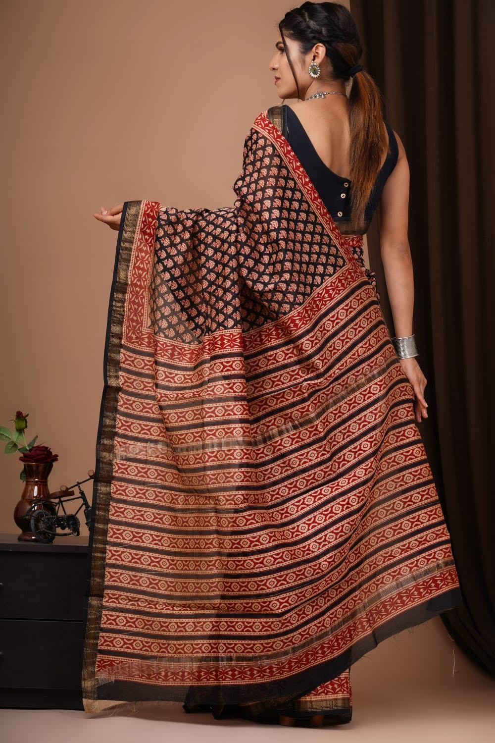 Buy MySilkLove Nutmeg Brown Handblock Kota Doriya Saree Online