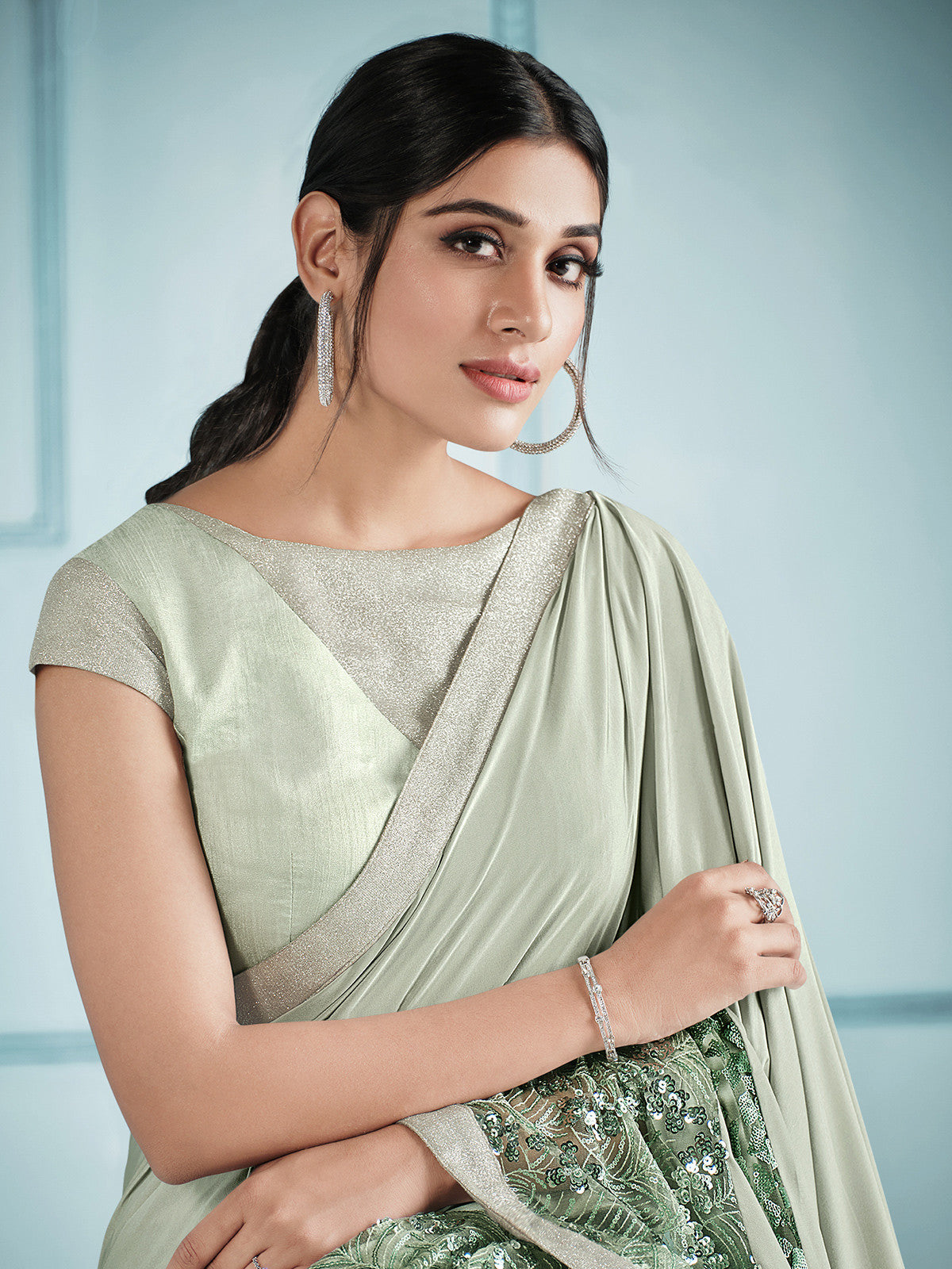 Buy MySilkLove Pixie Green Embroidery Designer Georgette Partywear Saree Online
