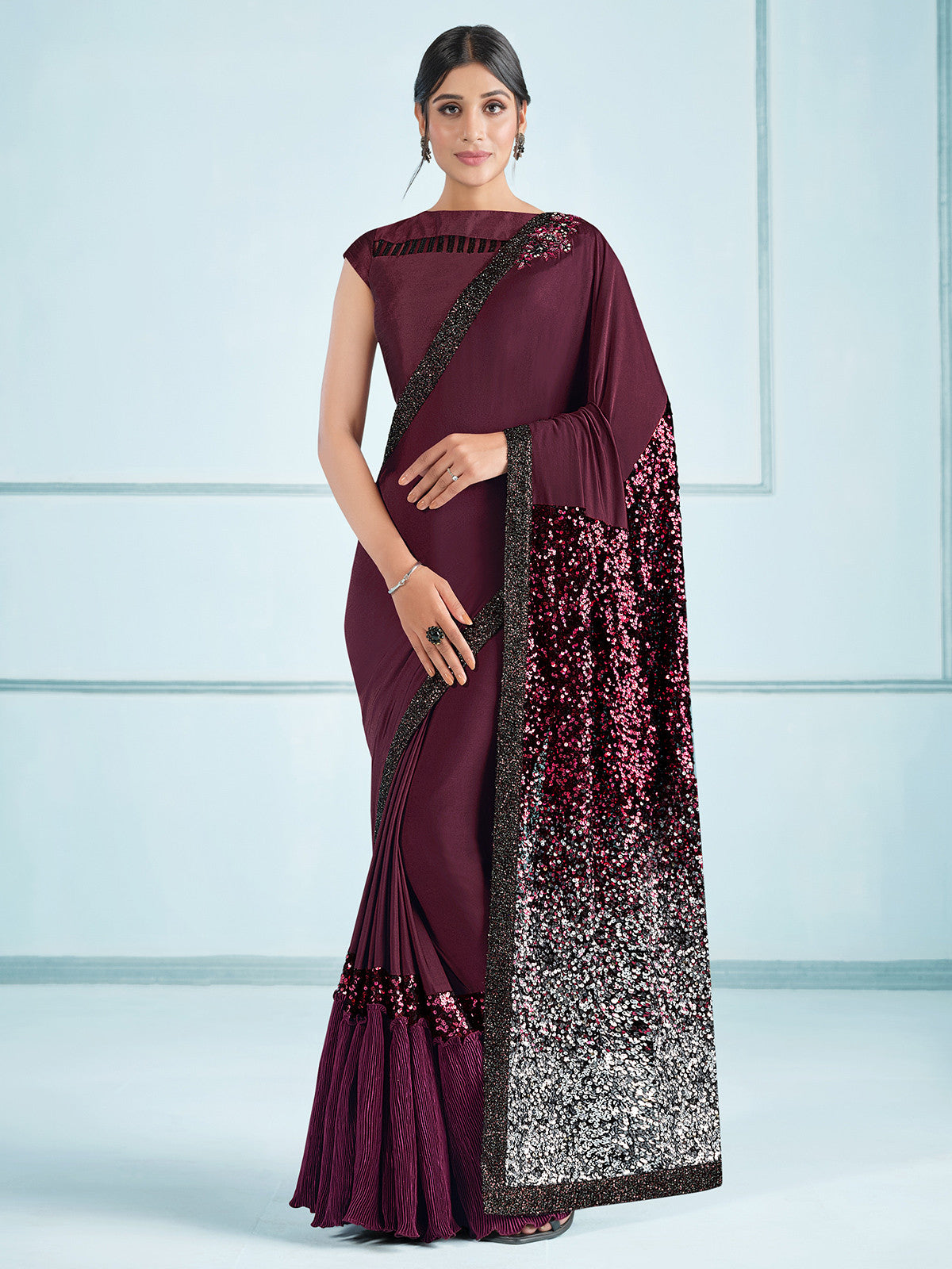 Buy MySilkLove Cocoa Bean Brown Embroidery Designer Georgette Partywear Saree Online