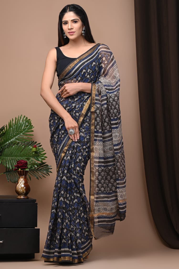 Buy MySilkLove Thunder Black Handblock Kota Doriya Saree Online