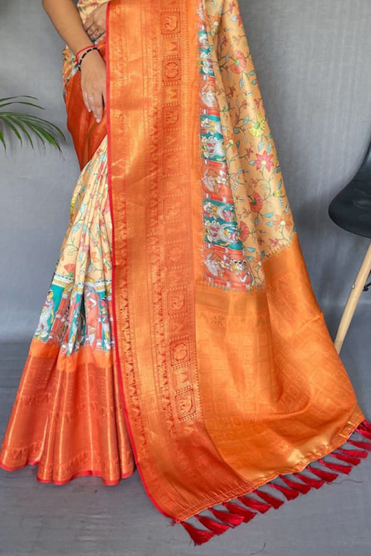 Buy MySilkLove Atomic Tangerine Orange Kalmkari Saree Online