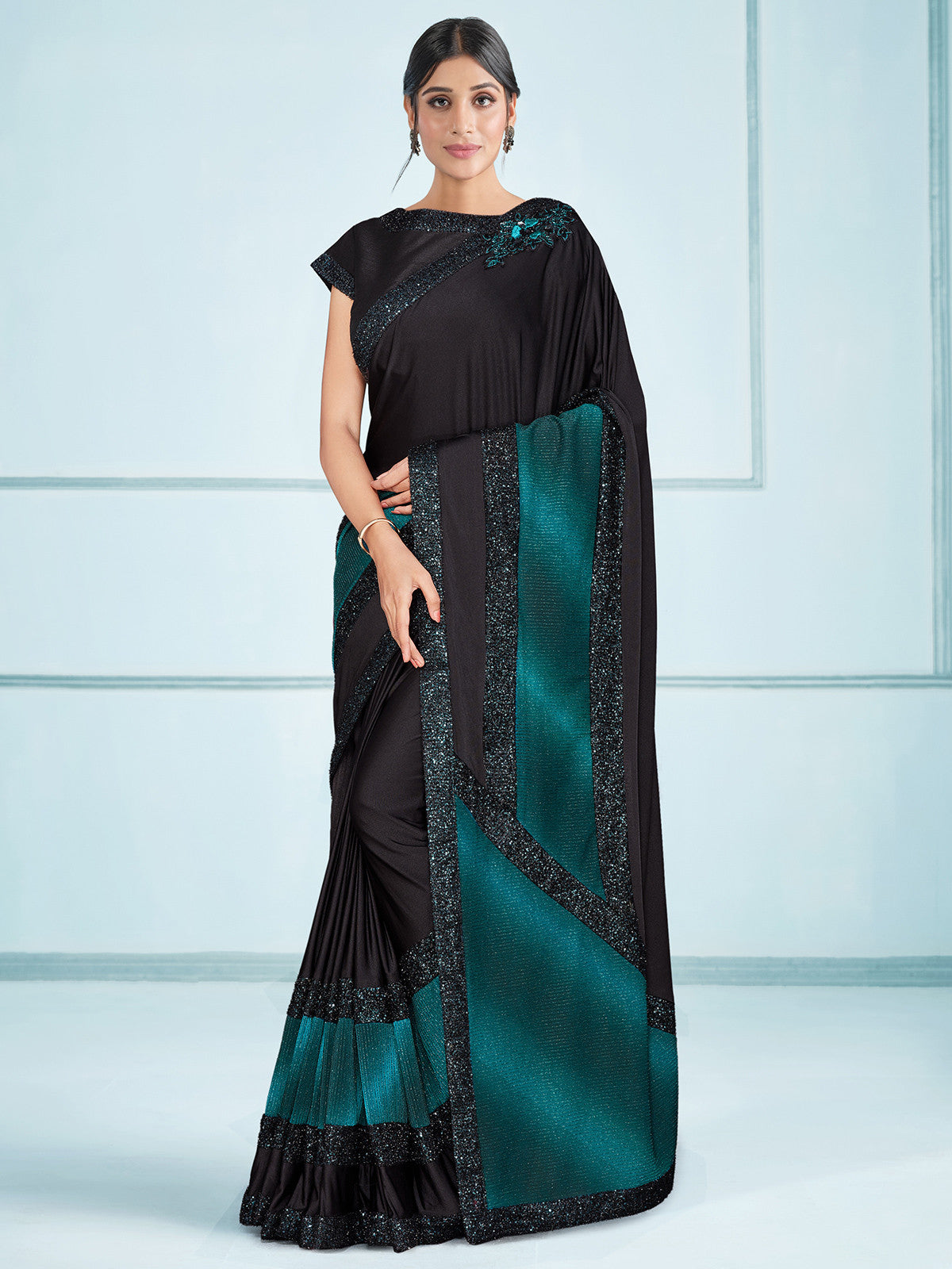 Buy MySilkLove Disco Blue and Black Embroidery Designer Georgette Partywear Saree Online