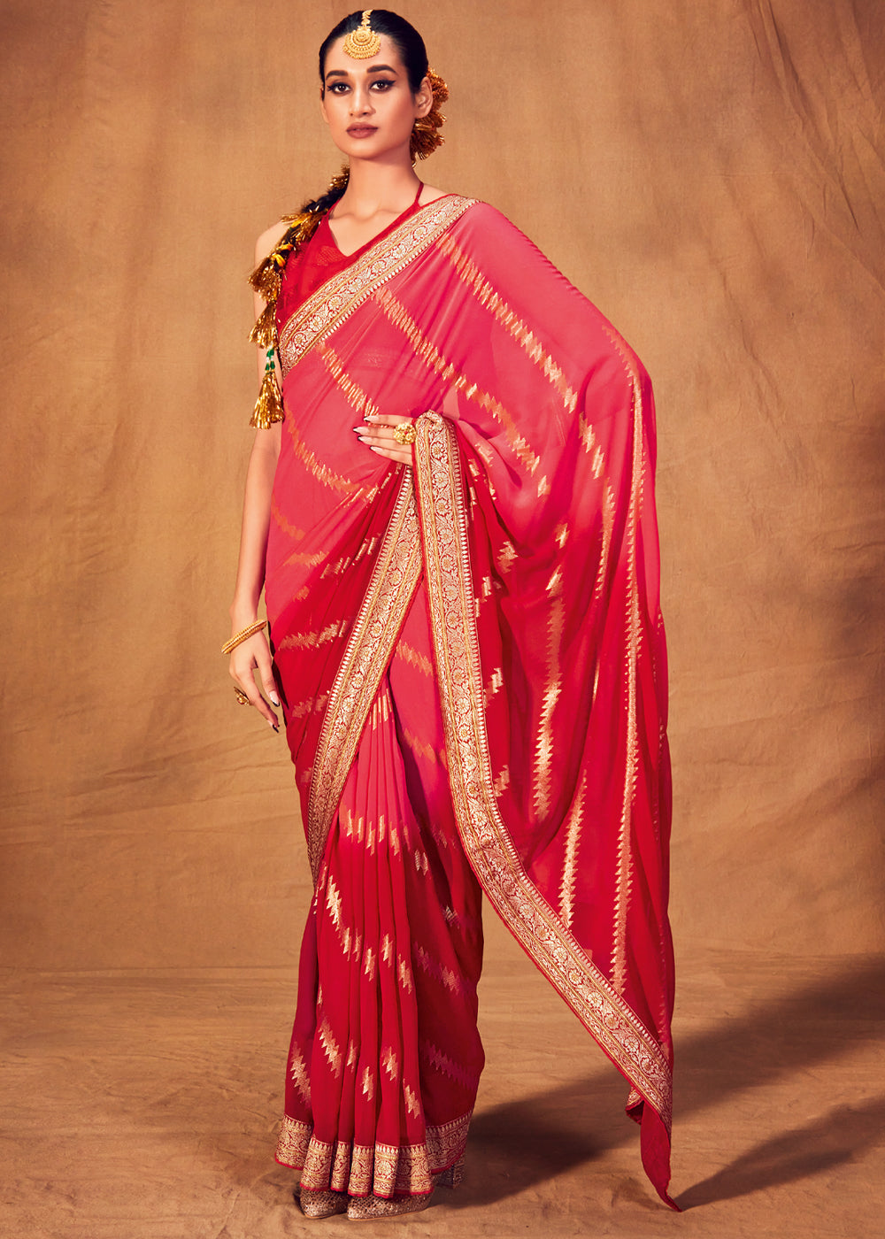 Buy MySilkLove Tulip Pink and Red Woven Georgette Silk Saree Online