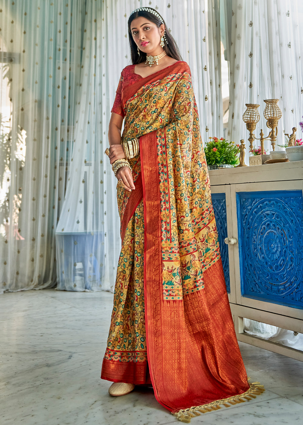 Buy MySilkLove Golden Fizz Yellow Kalamkari Digital Printed Saree Online