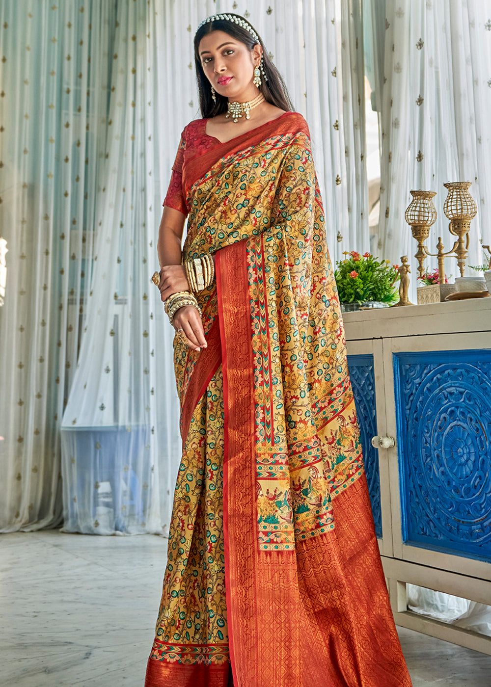 Buy MySilkLove Golden Fizz Yellow Kalamkari Digital Printed Saree Online