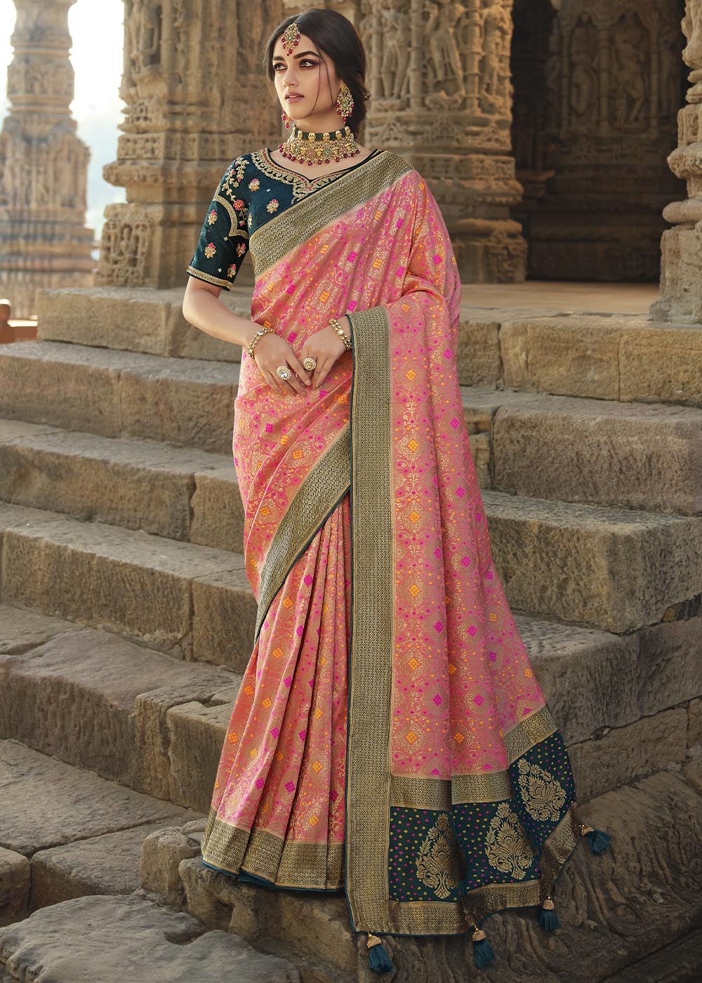 Buy MySilkLove Burnt Pink and Blue Designer Banarasi Silk Saree with Embroidered Blouse Online