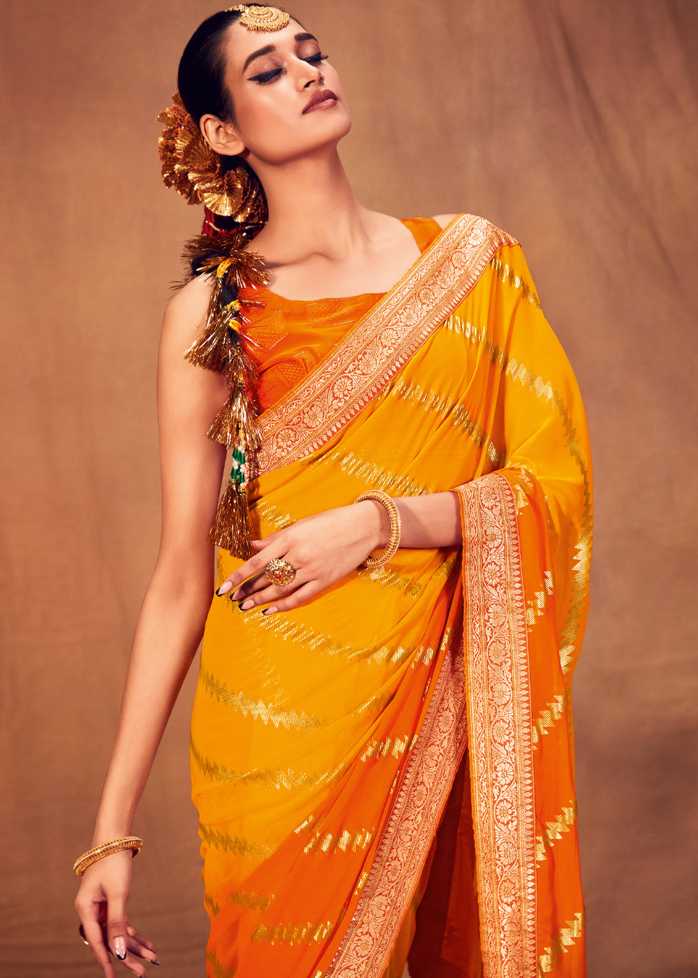 Buy MySilkLove Bright Sun Yellow and Orange Woven Georgette Silk Saree Online