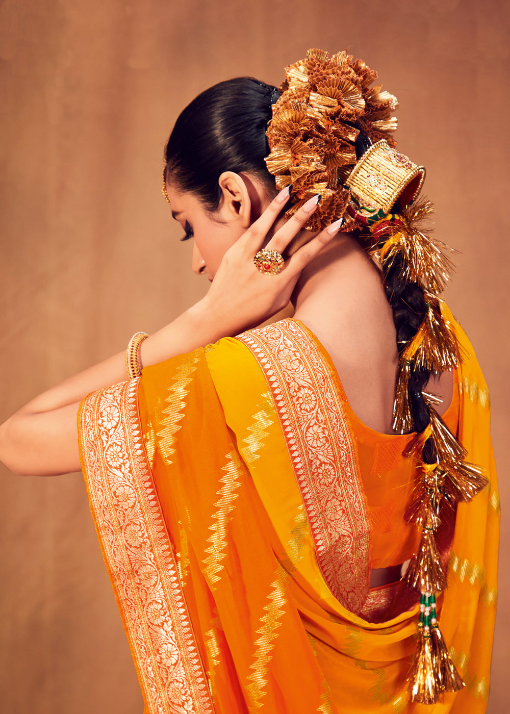 Buy MySilkLove Bright Sun Yellow and Orange Woven Georgette Silk Saree Online