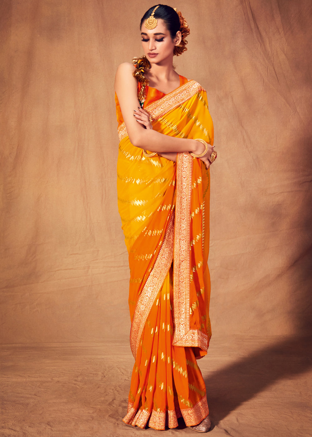 Buy MySilkLove Bright Sun Yellow and Orange Woven Georgette Silk Saree Online