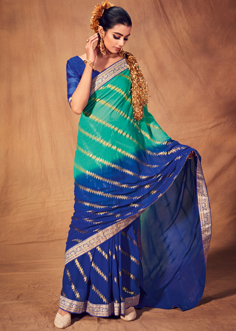 Buy MySilkLove Downy Green and Blue Woven Georgette Silk Saree Online