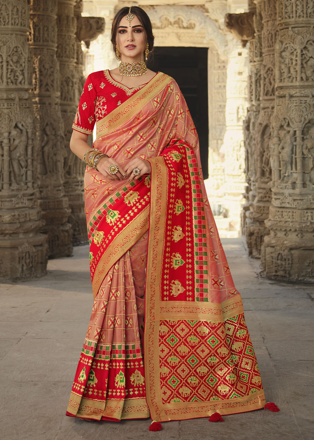 Buy MySilkLove Vivid Peach and Red Designer Banarasi Silk Saree with Embroidered Blouse Online