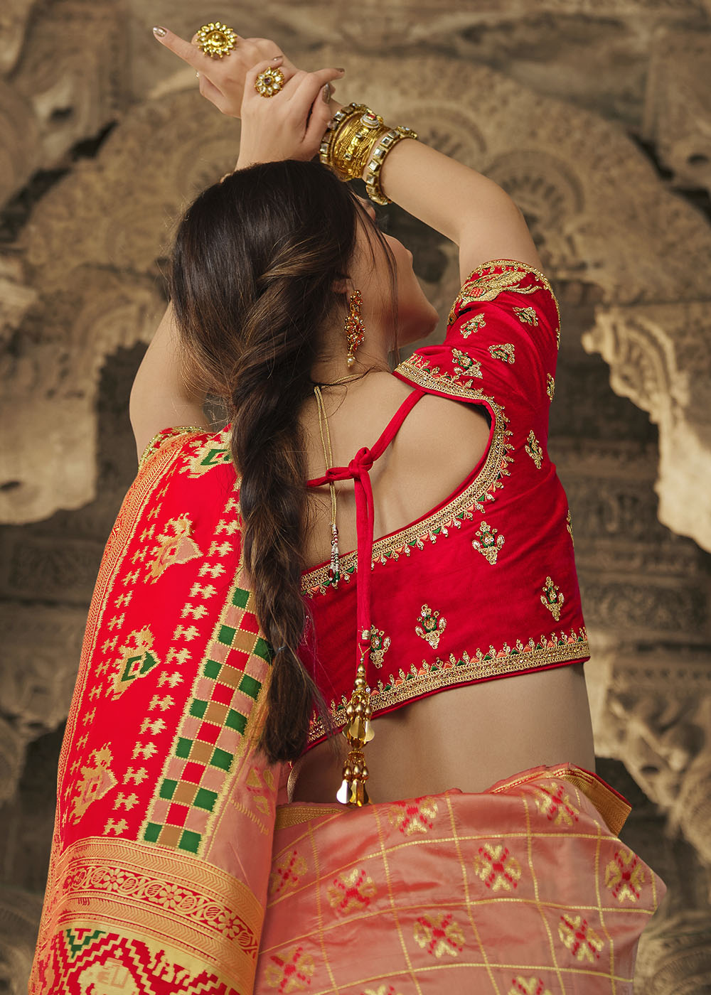 Buy MySilkLove Vivid Peach and Red Designer Banarasi Silk Saree with Embroidered Blouse Online