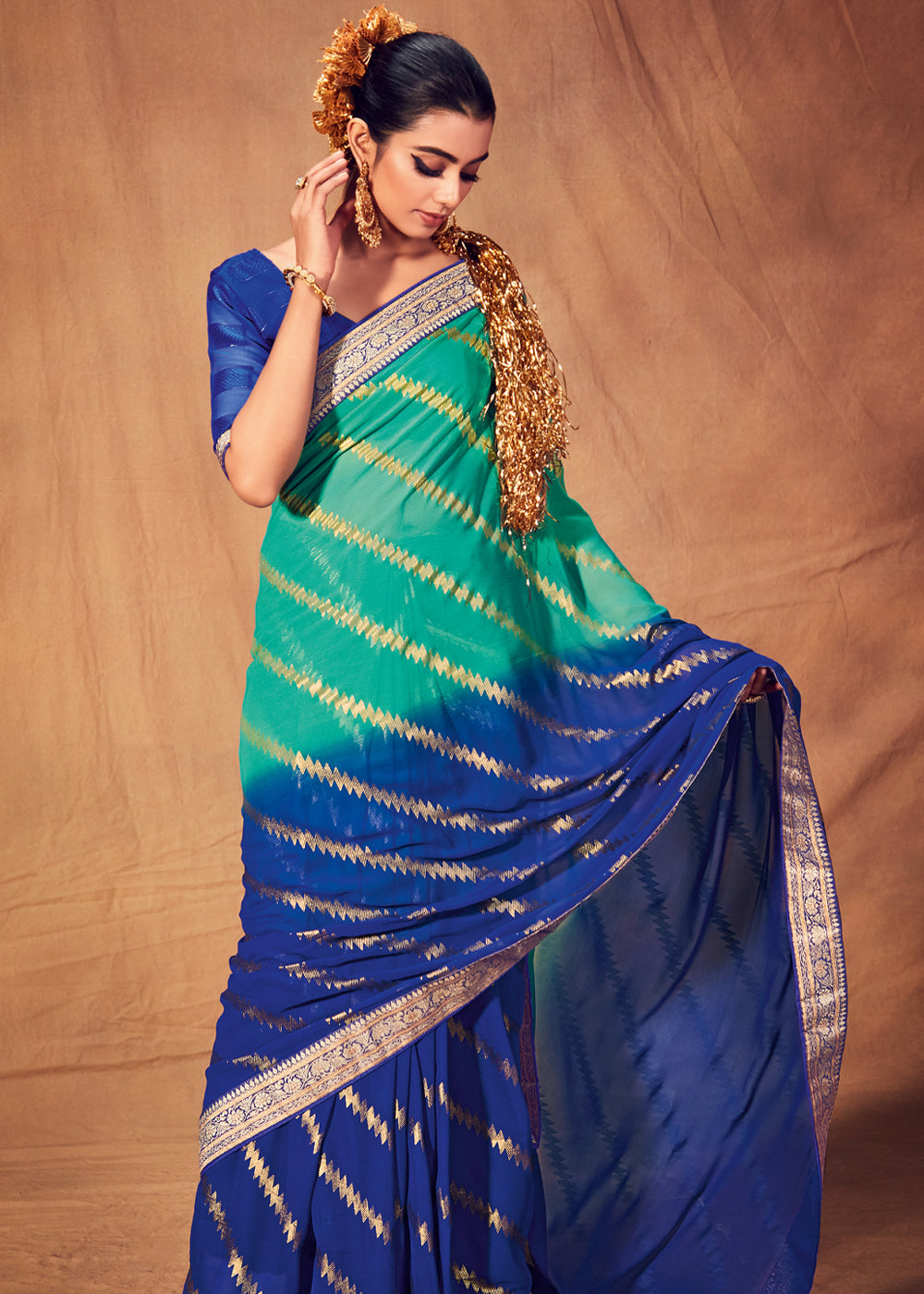 Buy MySilkLove Downy Green and Blue Woven Georgette Silk Saree Online