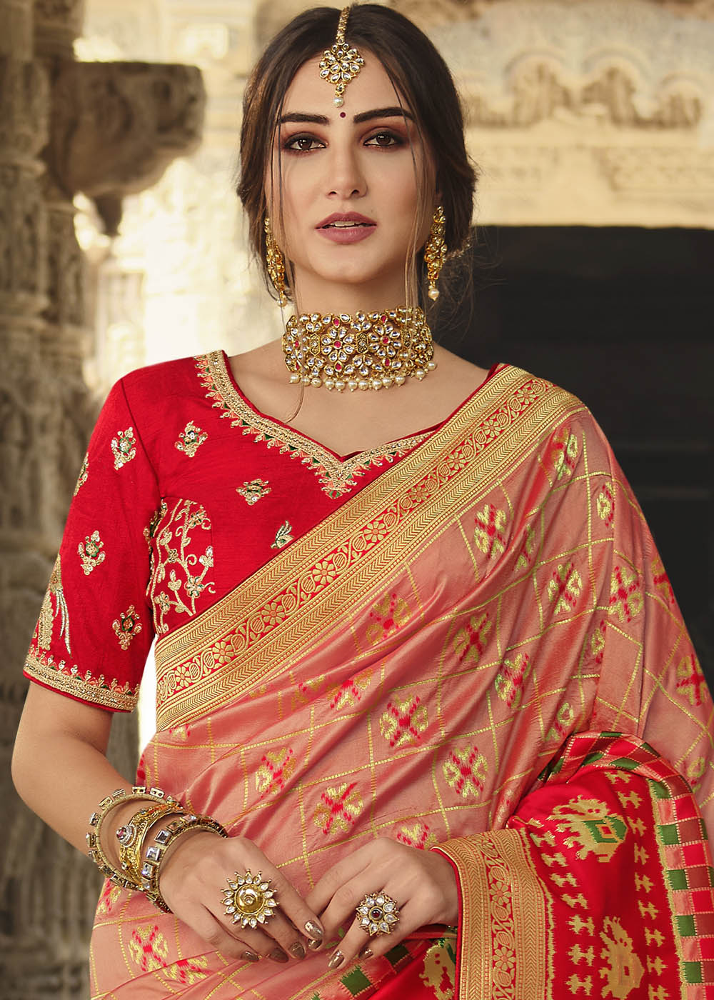 Buy MySilkLove Vivid Peach and Red Designer Banarasi Silk Saree with Embroidered Blouse Online