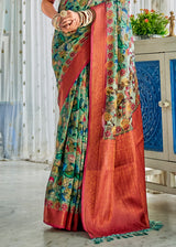 Pastel Green & Red Kalamkari Digital Printed Saree