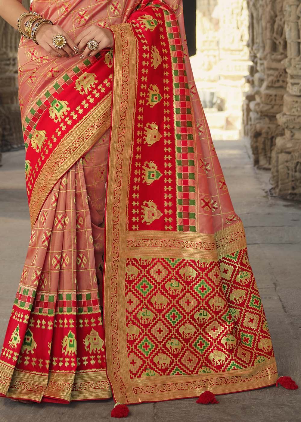 Buy MySilkLove Vivid Peach and Red Designer Banarasi Silk Saree with Embroidered Blouse Online