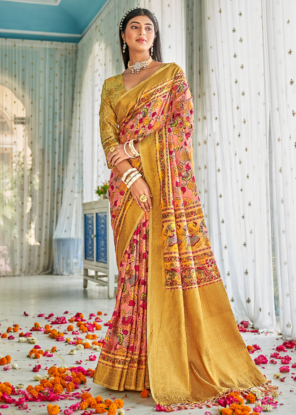 Buy MySilkLove Brandy Punch Yellow Kalamkari Digital Printed Saree Online