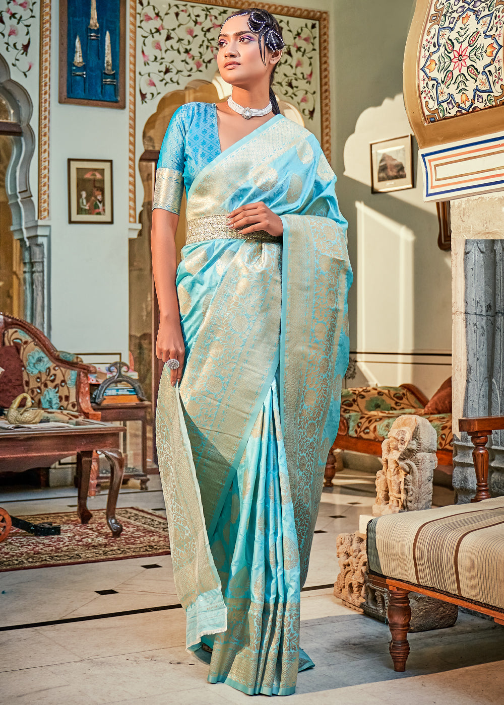 Buy MySilkLove Fountain Blue Woven Banarasi Silk Saree Online