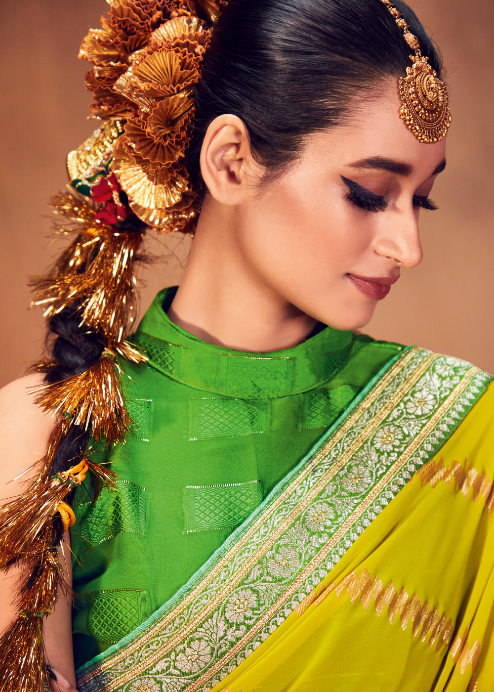 Buy MySilkLove Gold Tips Yellow and Green Woven Georgette Silk Saree Online