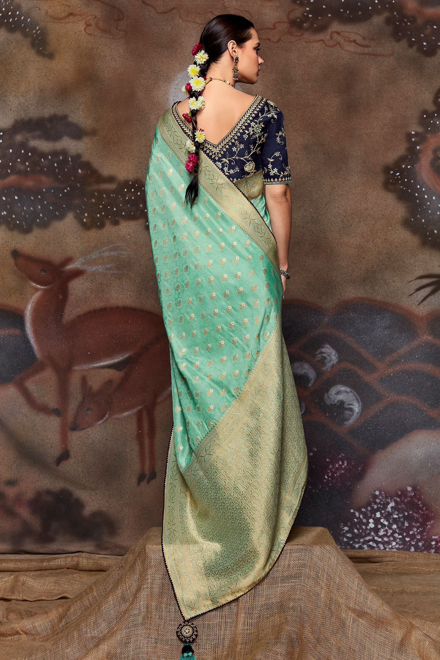 Buy MySilkLove Gum Leaf Blue Woven Banarasi Art Silk Saree Online