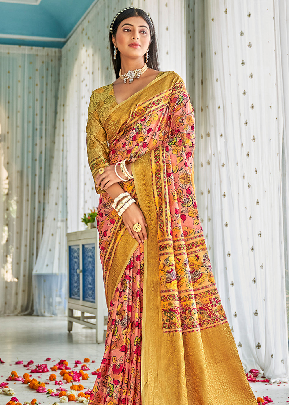 Buy MySilkLove Brandy Punch Yellow Kalamkari Digital Printed Saree Online