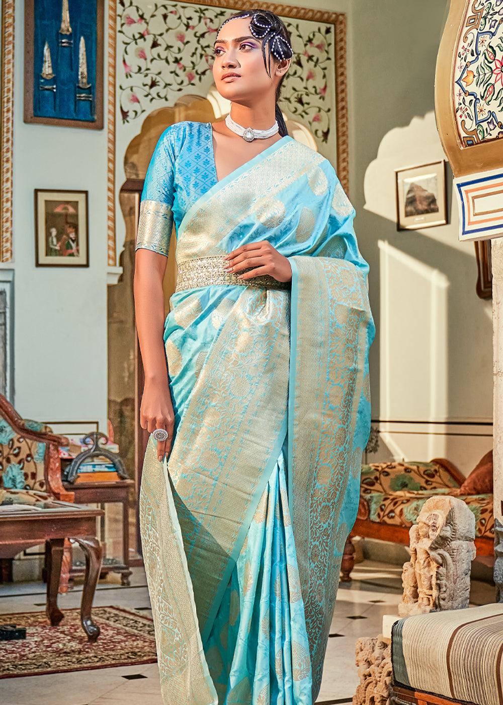 Buy MySilkLove Fountain Blue Woven Banarasi Silk Saree Online