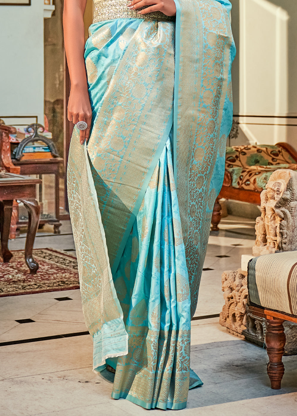 Buy MySilkLove Fountain Blue Woven Banarasi Silk Saree Online