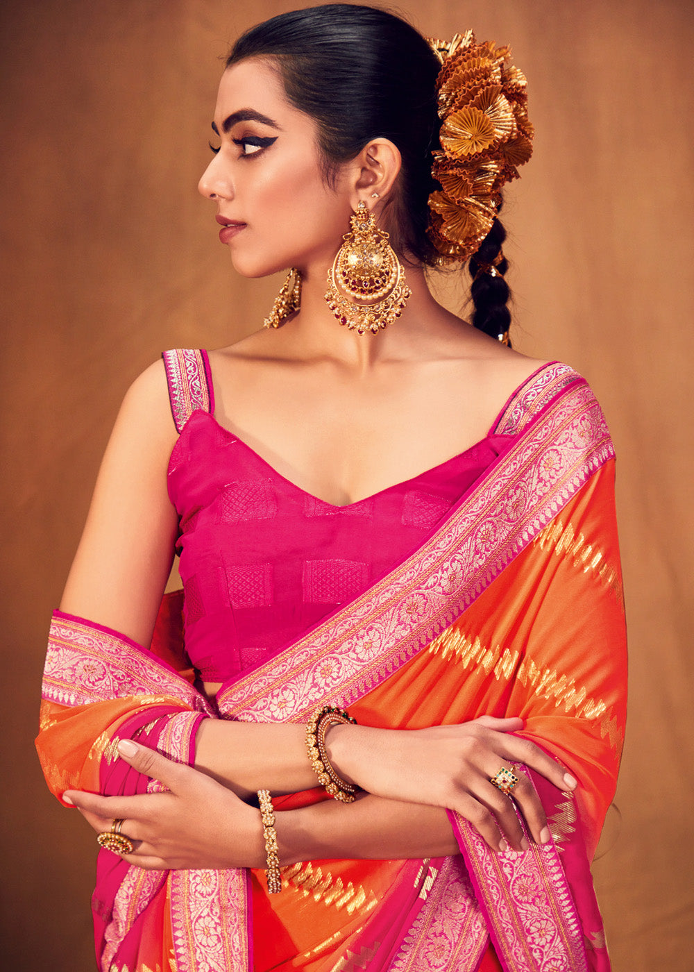 Buy MySilkLove Persimmon Red and Orange Woven Georgette Silk Saree Online