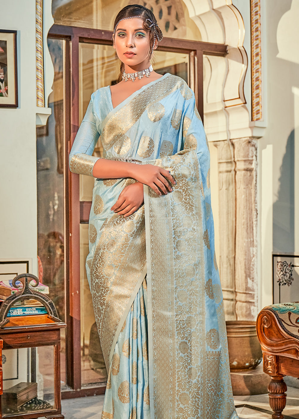 Buy MySilkLove Loblolly Blue Woven Banarasi Silk Saree Online