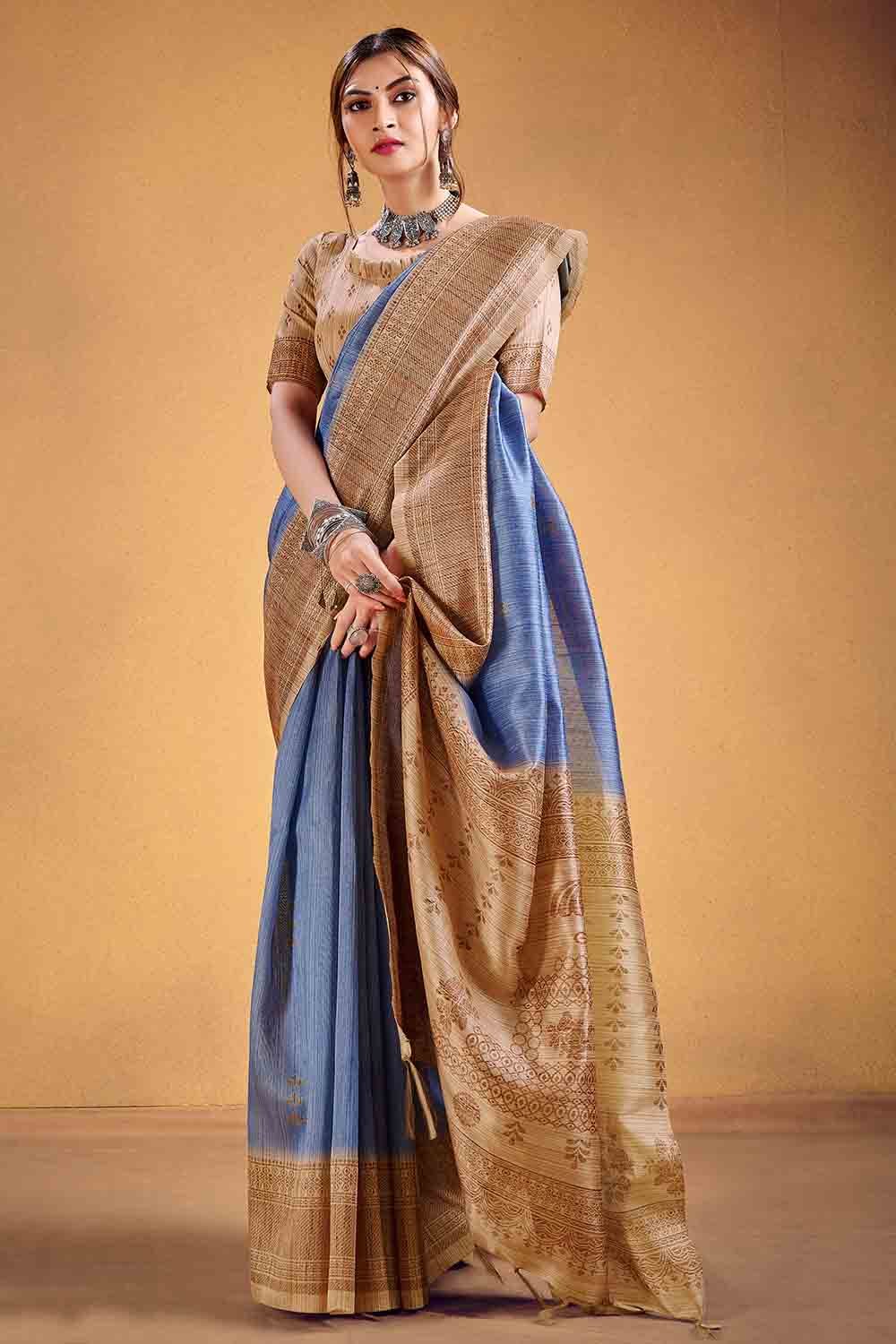 Buy MySilkLove Denim Blue Cotton Silk Saree Online