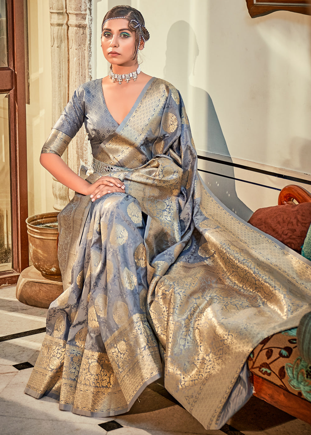 Buy MySilkLove Rolling Stone Grey Woven Banarasi Silk Saree Online