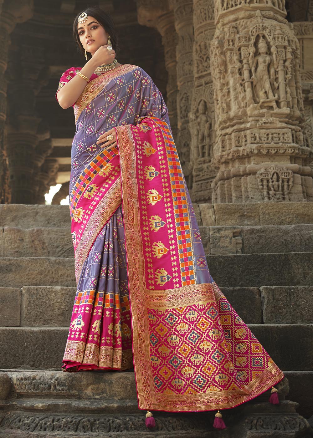 Buy MySilkLove Dusty Purple and Pink Designer Banarasi Silk Saree with Embroidered Blouse Online