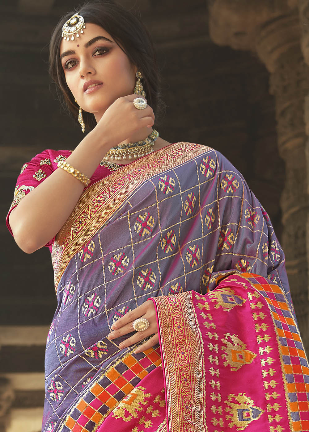 Buy MySilkLove Dusty Purple and Pink Designer Banarasi Silk Saree with Embroidered Blouse Online