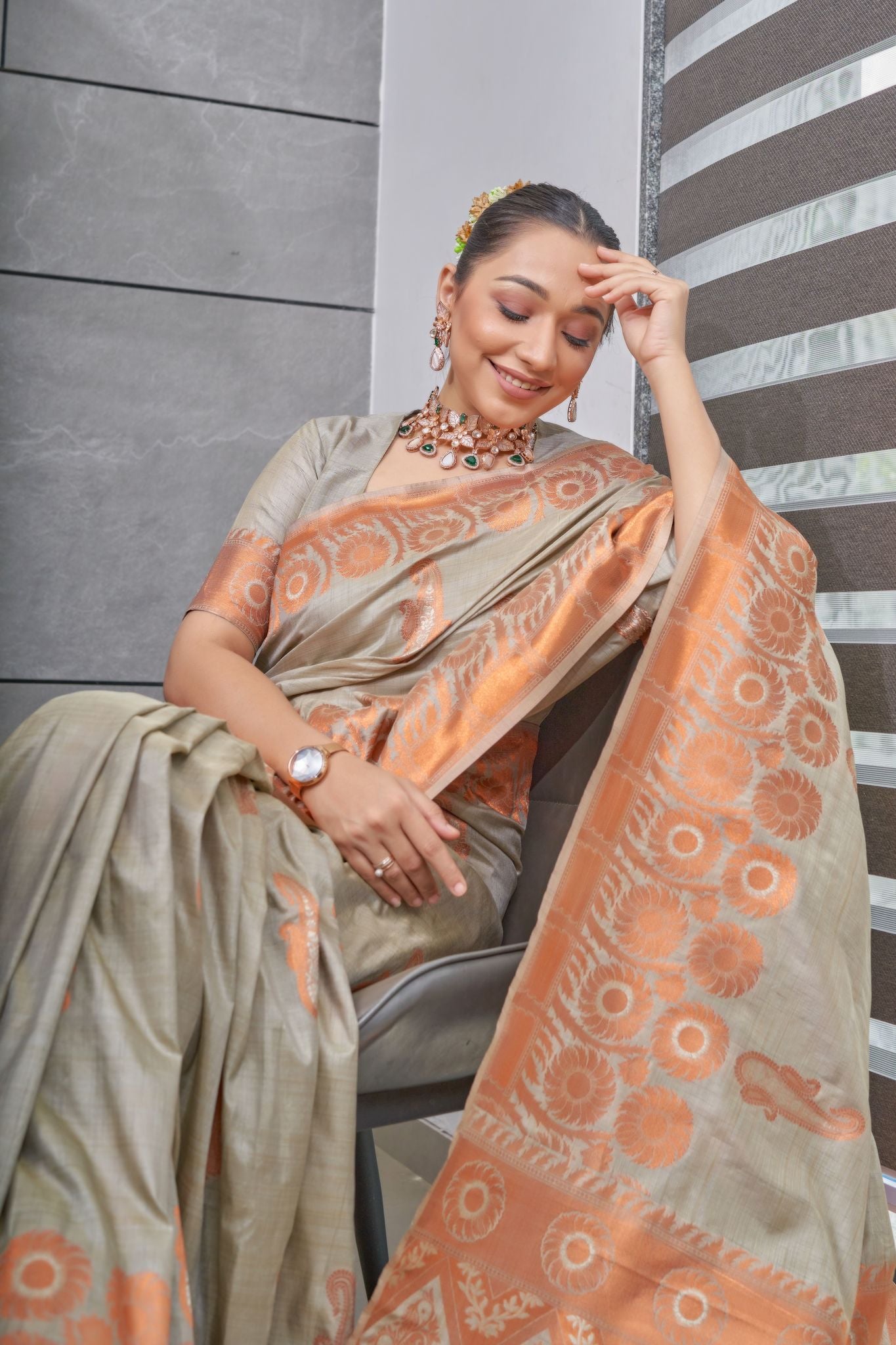 MySilkLove Bronco Grey Copper Zari Woven Tussar Silk Saree