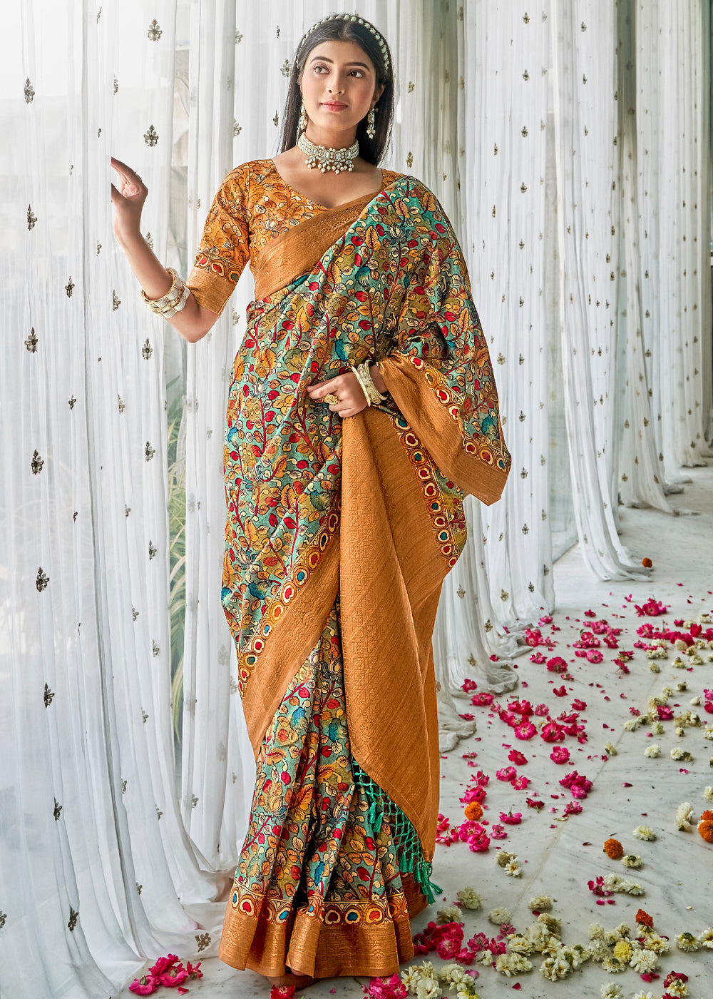 Buy MySilkLove Madang Gold Orange Klamkari Digital Printed Sree Online