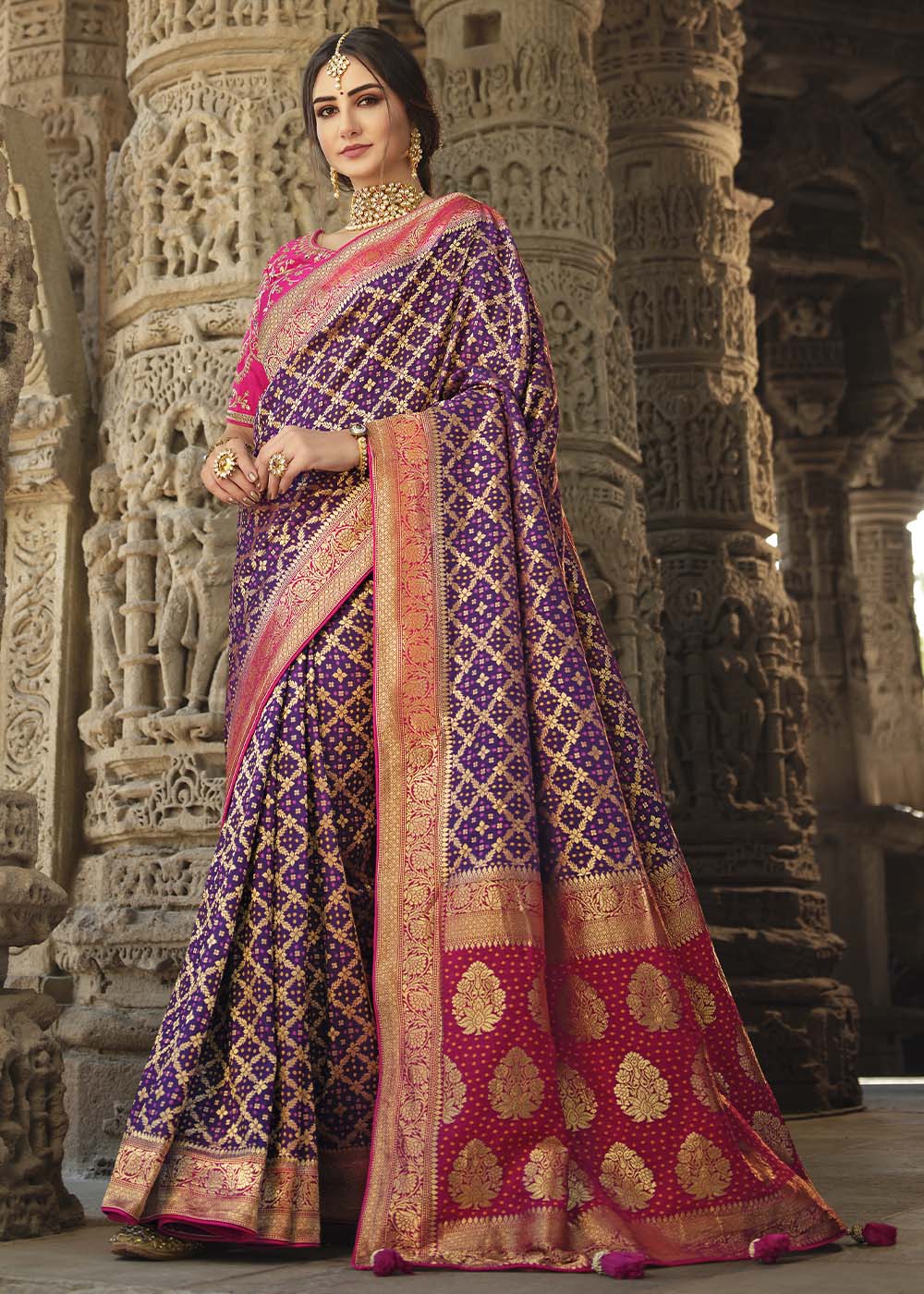 Buy MySilkLove Cannon Purple and Pink Designer Banarasi Silk Saree with Embroidered Blouse Online