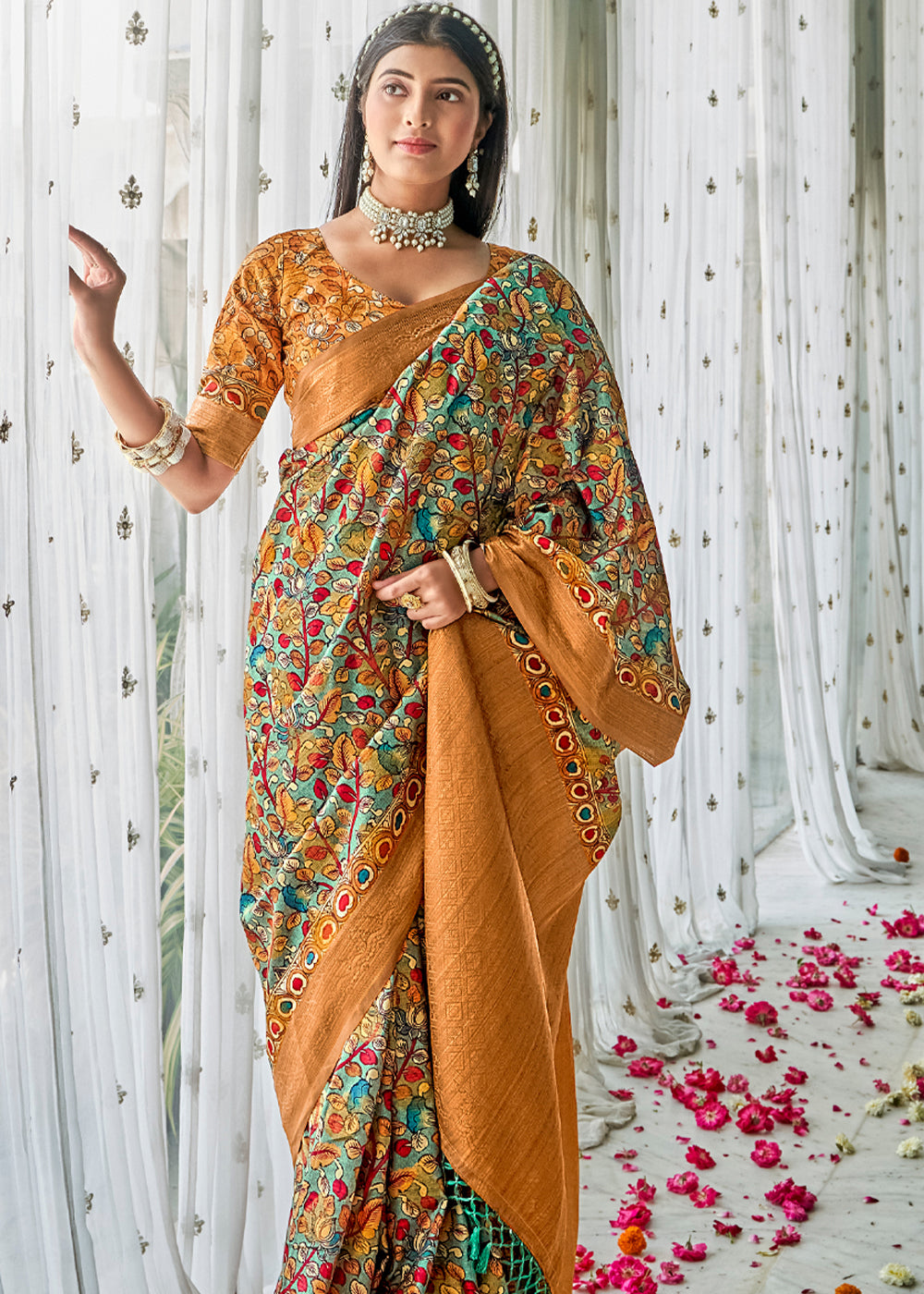 Buy MySilkLove Madang Gold Orange Klamkari Digital Printed Sree Online