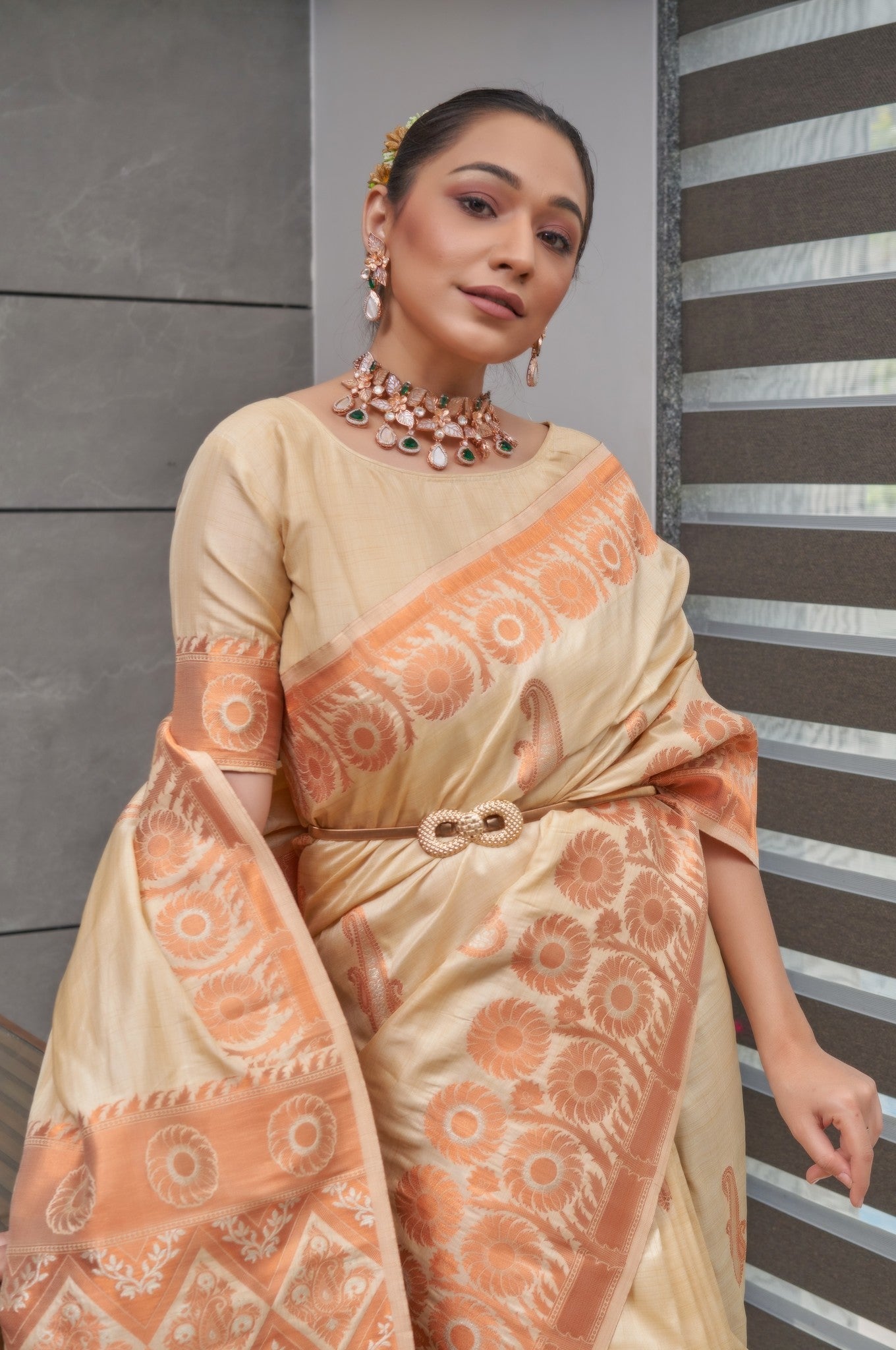 Buy MySilkLove Sapling Cream Copper Zari Woven Tussar Silk Saree Online