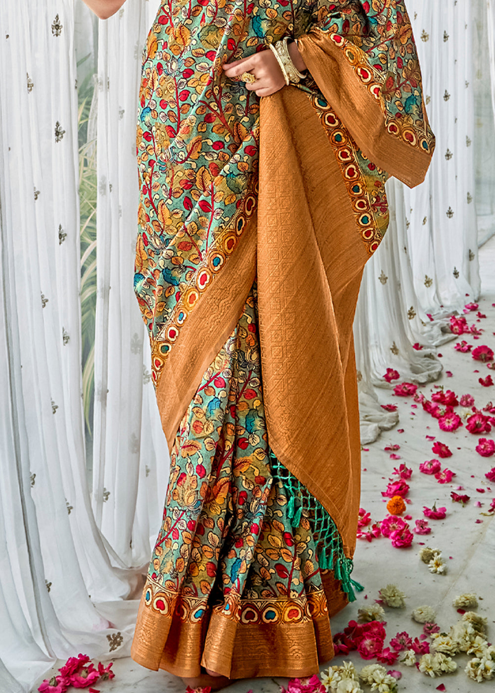 Buy MySilkLove Madang Gold Orange Klamkari Digital Printed Sree Online