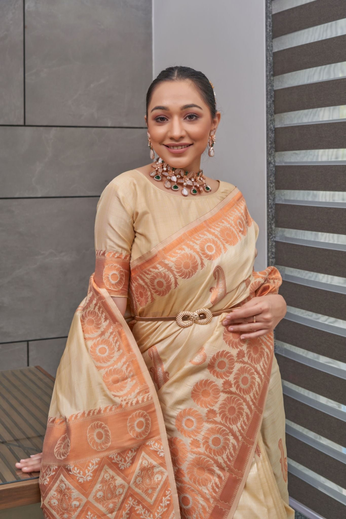 Buy MySilkLove Sapling Cream Copper Zari Woven Tussar Silk Saree Online