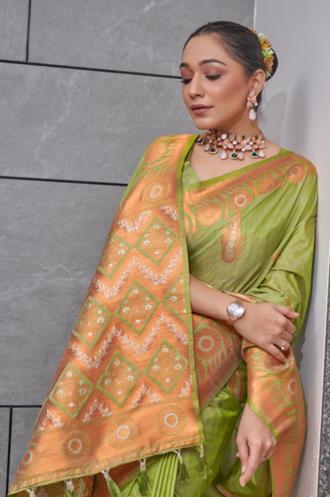 Buy MySilkLove Olive Green Copper Zari Woven Tussar Silk Saree Online