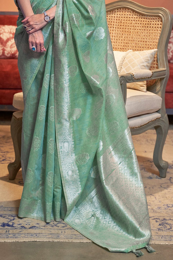 Buy MySilkLove Bay Leaf Green Zari Woven Linen Saree Online