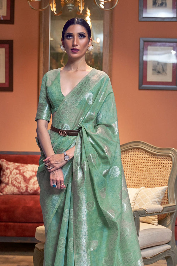 Buy MySilkLove Bay Leaf Green Zari Woven Linen Saree Online