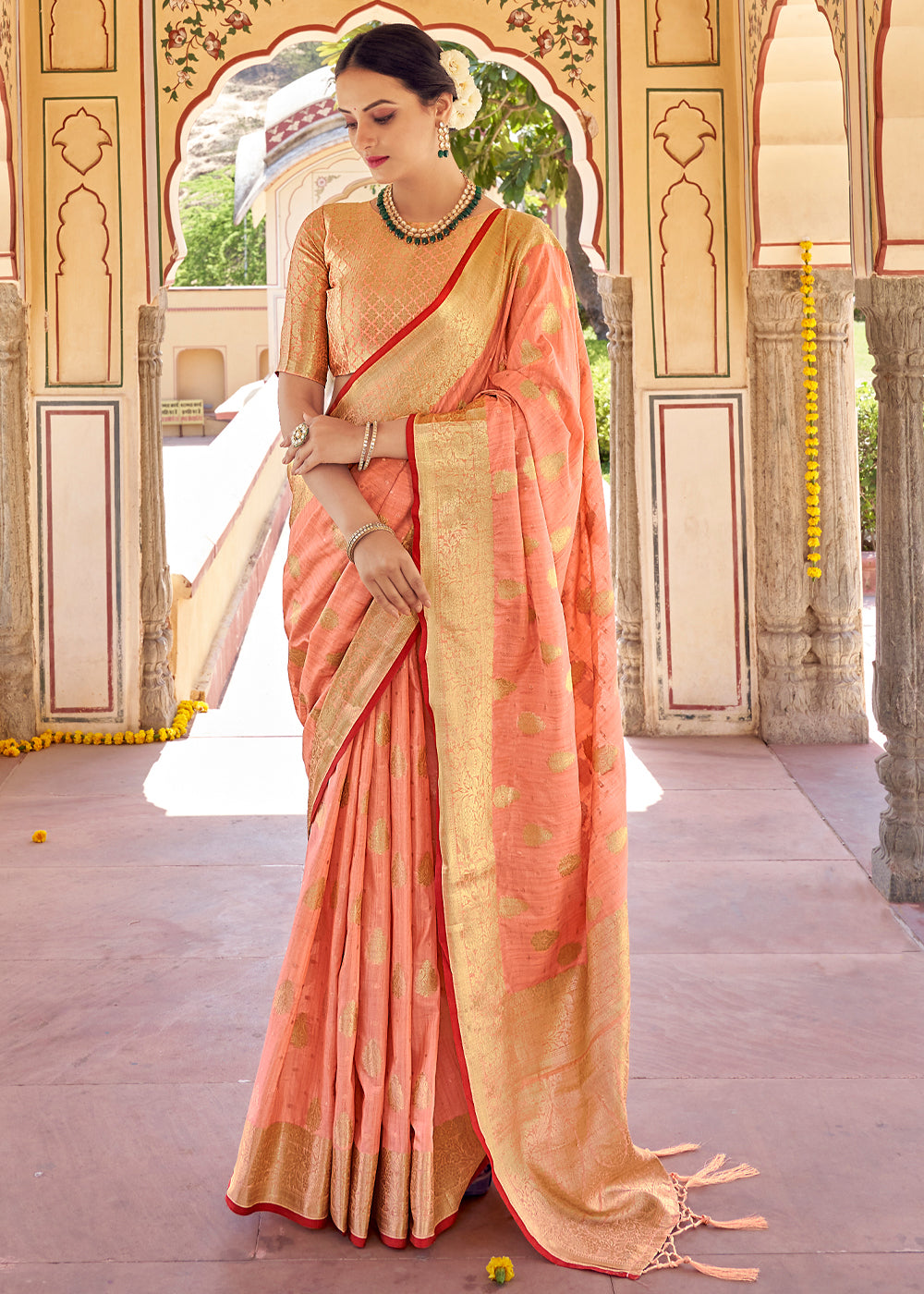 Buy MySilkLove Sienna Peach Zari Woven Banarasi Linen Saree Online