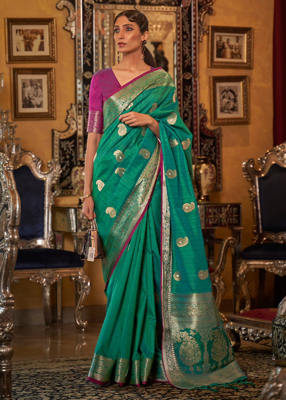 Buy MySilkLove Viridian Green and Purple Zari Woven Tussar Saree Online