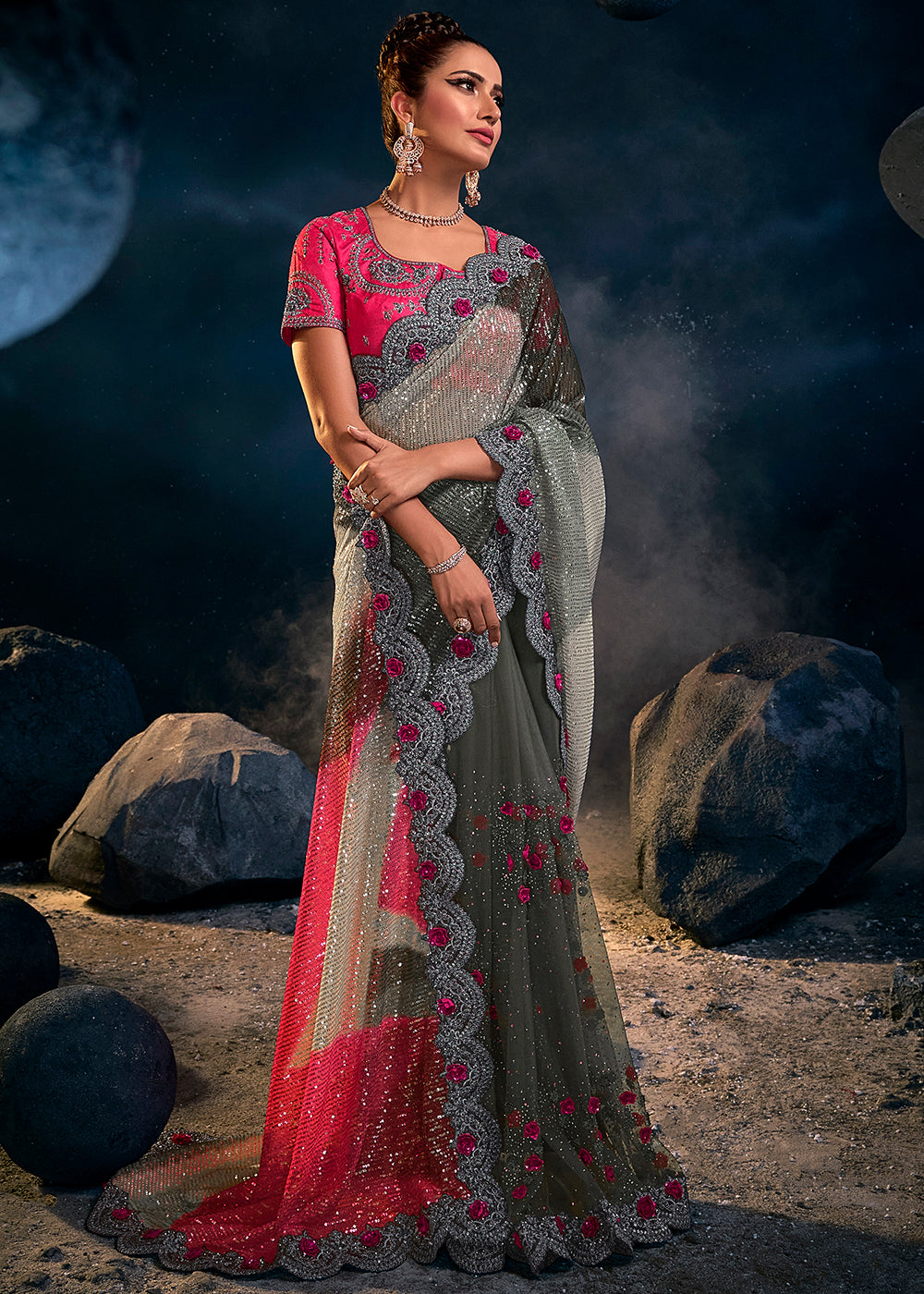 Buy MySilkLove Makara Grey and Pink Designer Silk Saree Online