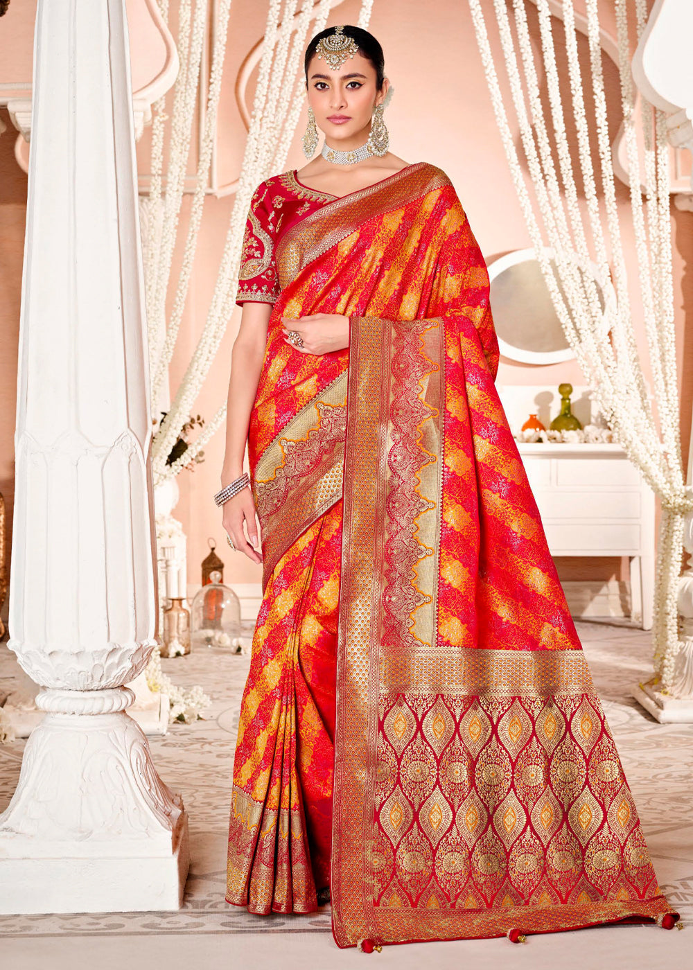 Buy MySilkLove Salmon Red Zari Woven Banarasi Saree with Designer Blouse Online