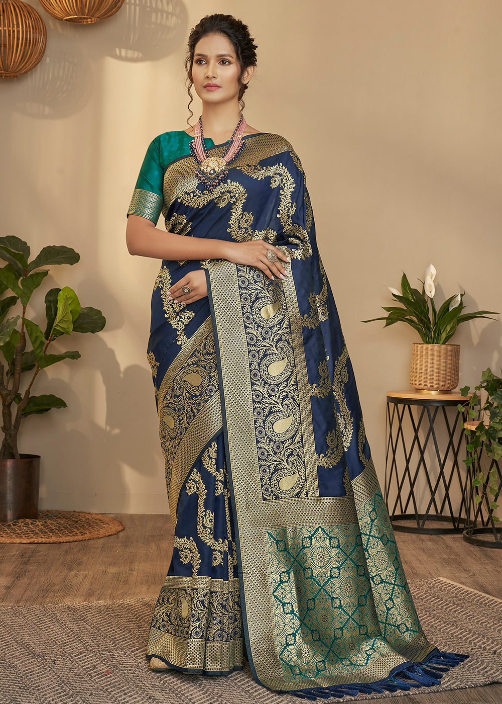 Buy MySilkLove Fiord Blue and Green Zari Woven Banarasi Saree Online