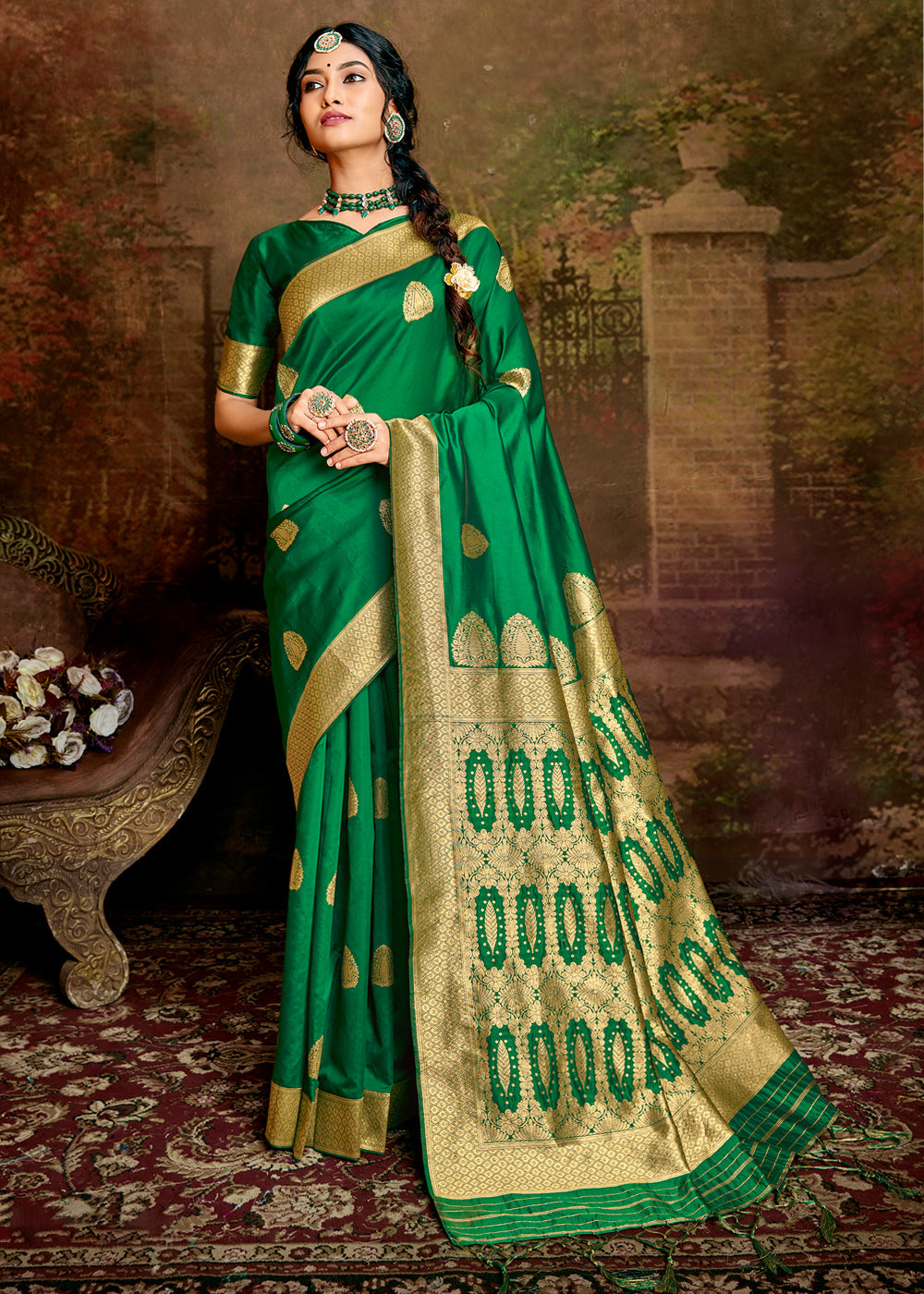 Buy MySilkLove Fern Green Zari Woven Banarasi Jamdani Silk Saree Online